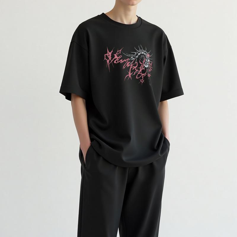 baju petir bmth Y2K style cold cotton short T-shirt printed round neck youth high street influx of tops heavyweight cotton Tropical Fabric Menswear Streetwear Collar Hem Pria Layer Pendek Tee Polos Oversize 
