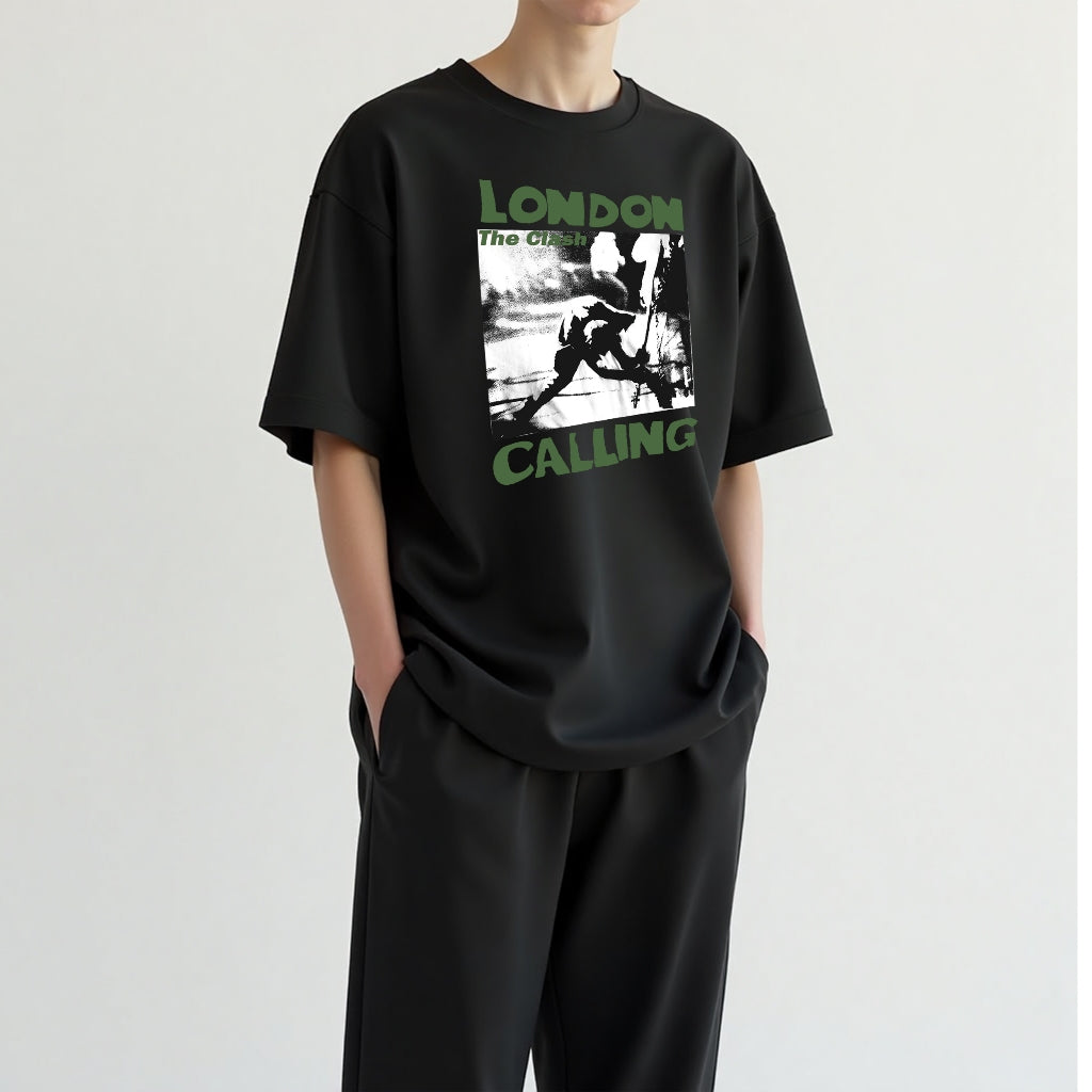 Cotton black short T-shirt American retro oversize print round neck street style short sleeve