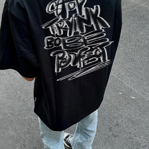baju beruang petir Kaos Fashion Huruf Jalanan Cetak Besar yang Trendi untuk Pria dan Wanita