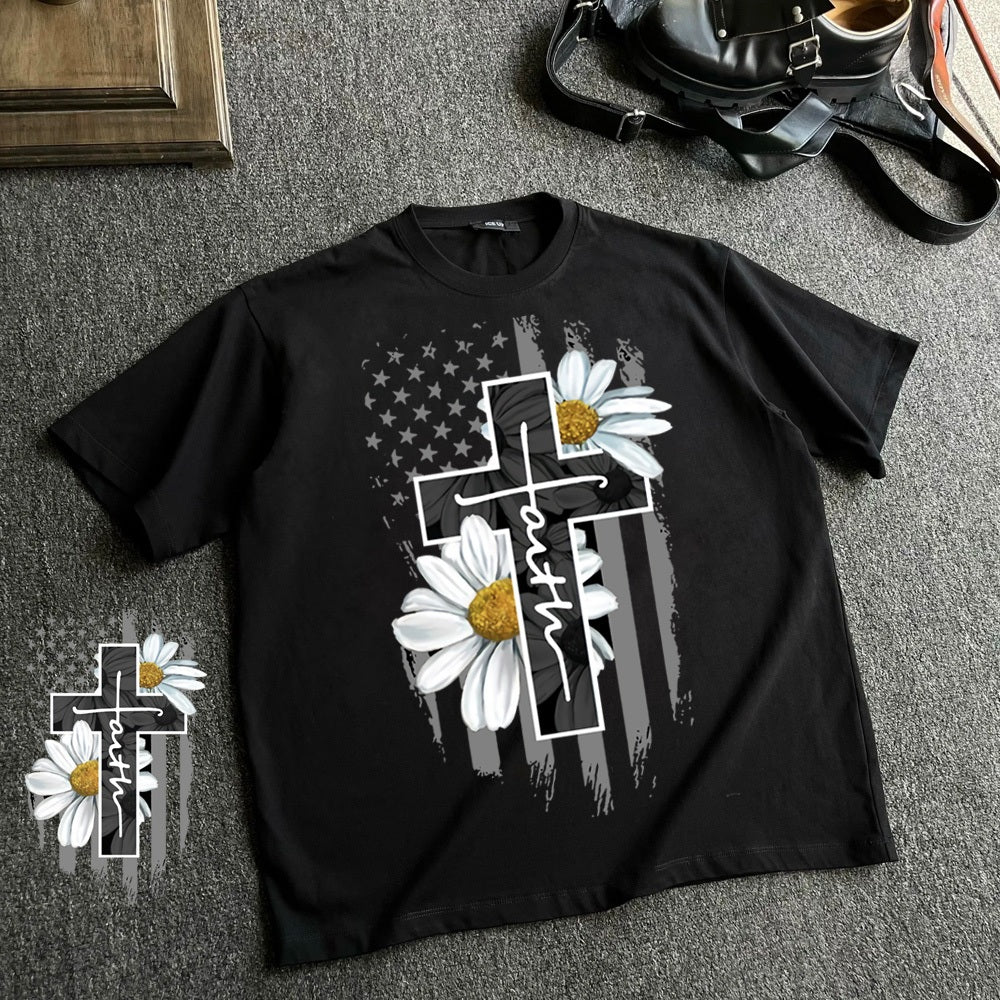 CTSYYD Crucifix Oversized T-Shirt | Korean Fashion | Korean Fashion Kaos Hitam Motif Daisy dan Cross