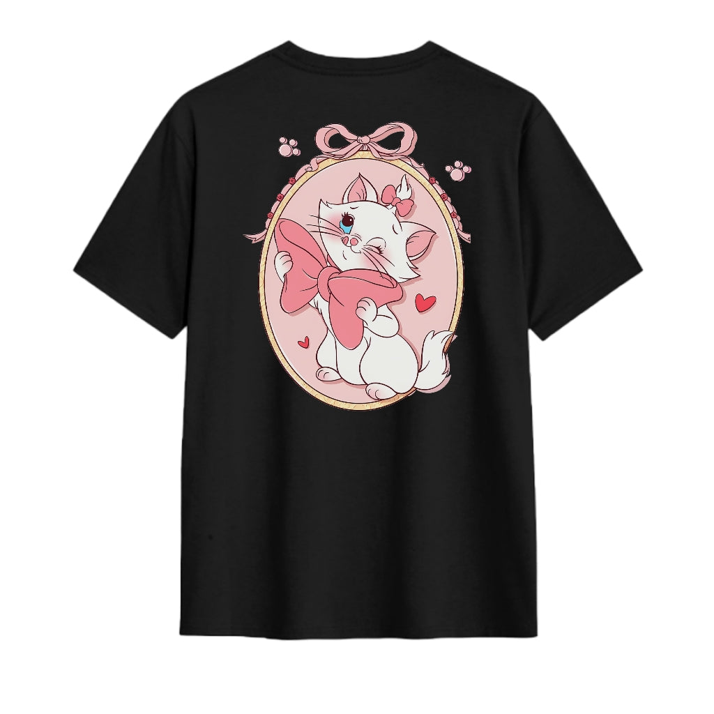 Black Cotton Short Sleeve Round Neck Cute Cat Series Print Women's Trendy T Shirt