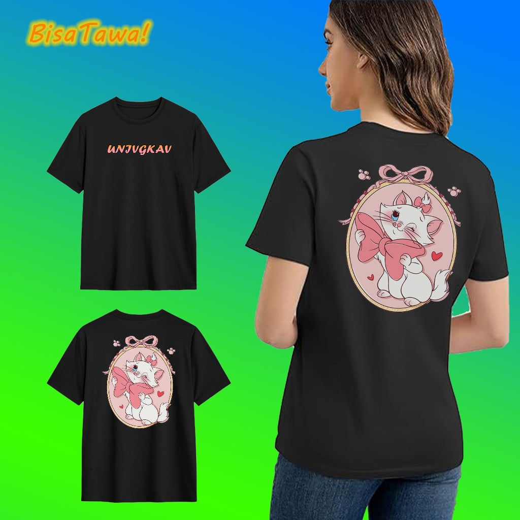 Black Cotton Short Sleeve Round Neck Cute Cat Series Print Women's Trendy T Shirt