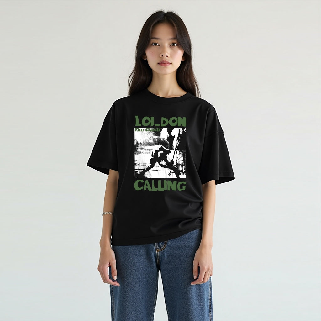 Cotton black short T-shirt American retro oversize print round neck street style short sleeve