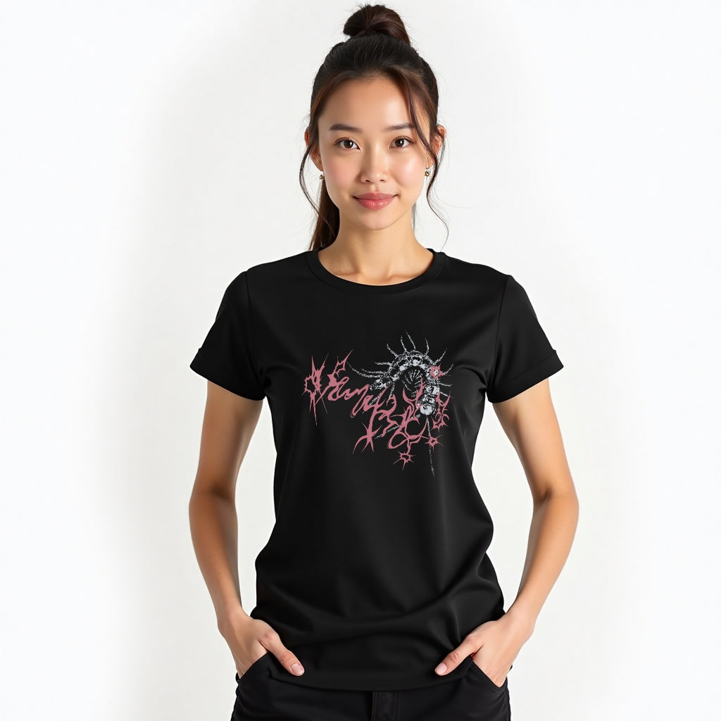 Cotton Black Short T-shirt Y2K American Vintage Round neck Teenage Street Tide Top