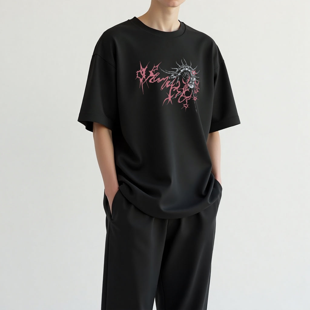 Cotton Black Short T-shirt Y2K American Vintage Round neck Teenage Street Tide Top